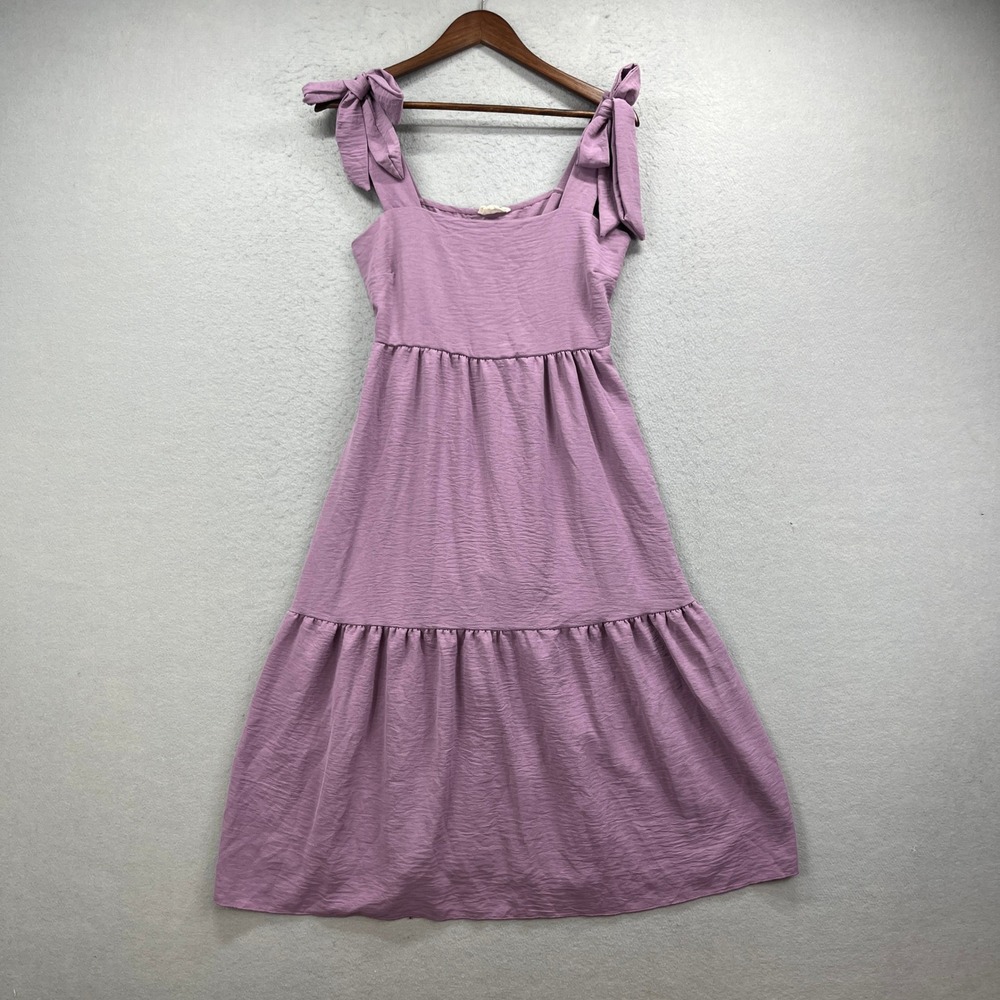 See You Monday Dress Womens L Purple Tie Shoulder Tiered Midi Boho Chic Vacation